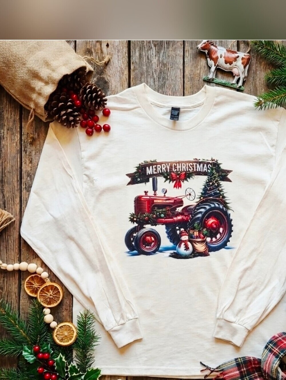 Merry Christmas Tractor Long Sleeve Shirt | Vintage Farmhouse Holiday Tee |